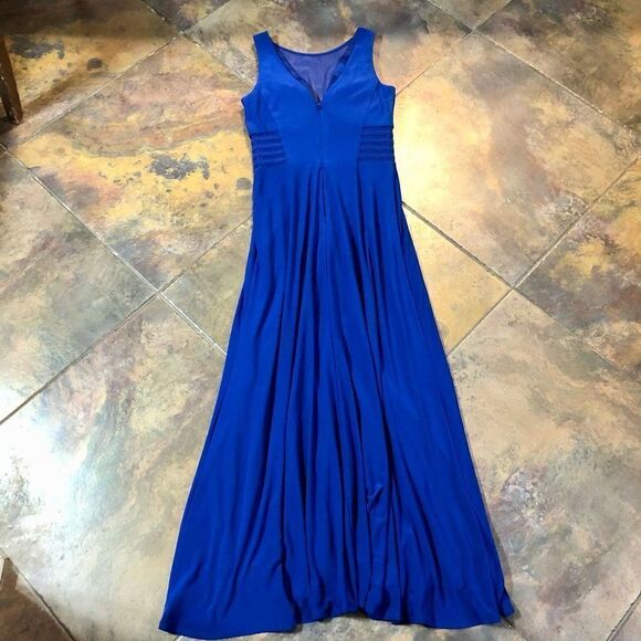 Morgan & Co. Blue Maxi Plunging V neck, Side Mesh Cutouts A-Line Size 5 - Picture 15 of 16